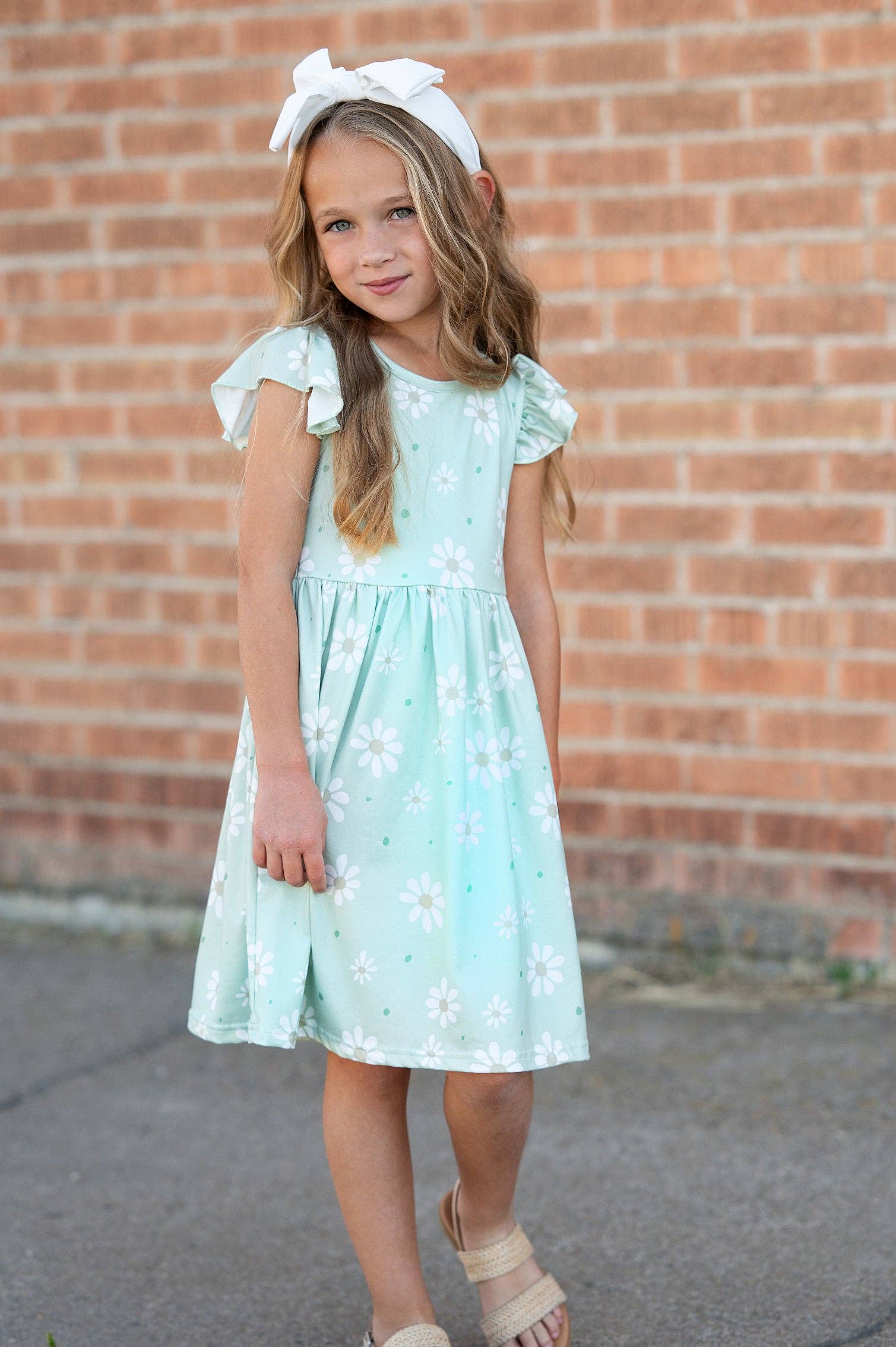 Adorable Sweetness Girls Claire Sage Daisy Spring Summer Flutter Sleeve Dress
