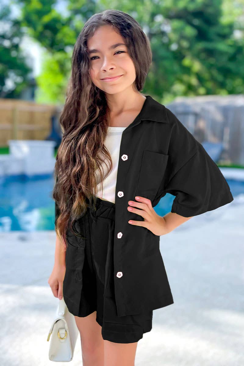 Girl's 3 pc Short Set w/ Flower Buttons