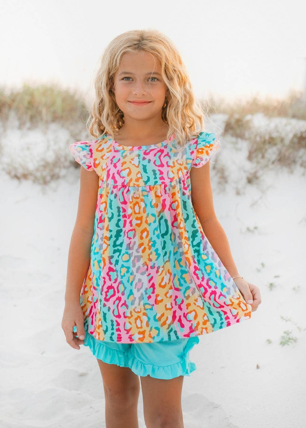 Kids Bright Rainbow Leopard Ruffle Spring Summer Short Set