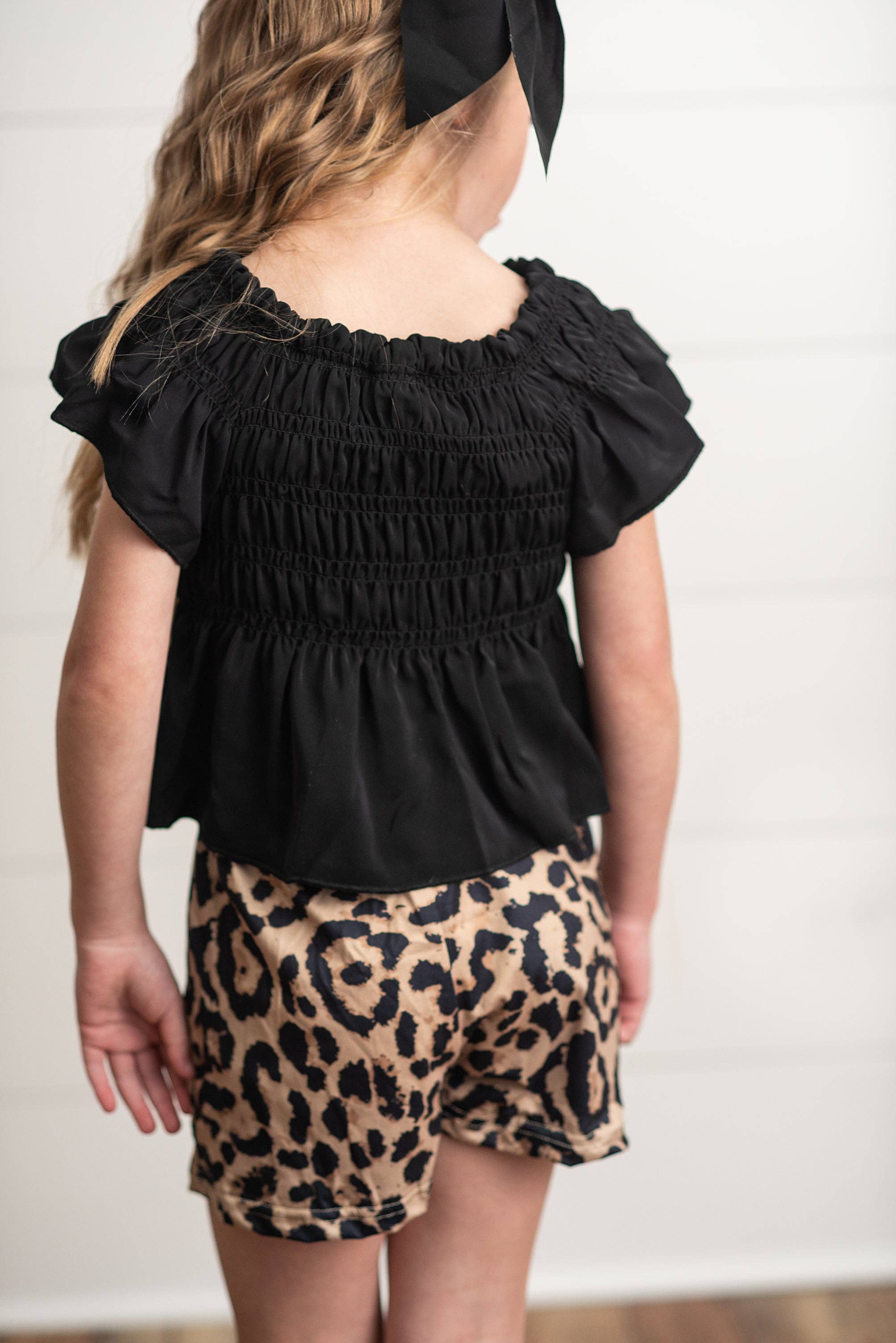 Adorable Sweetness Girls Black Shirred Top & Leopard Print Bow Spring Short Set