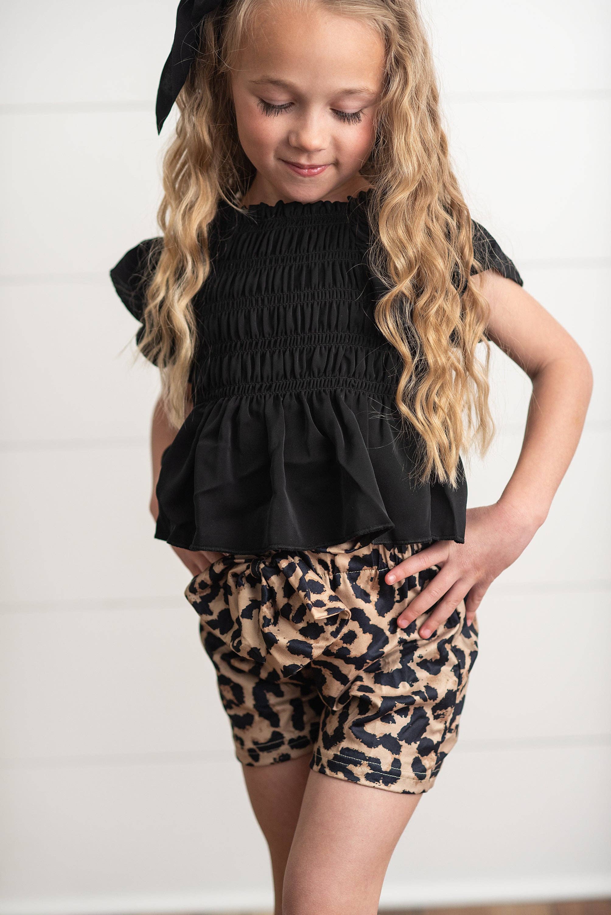 Adorable Sweetness Girls Black Shirred Top & Leopard Print Bow Spring Short Set