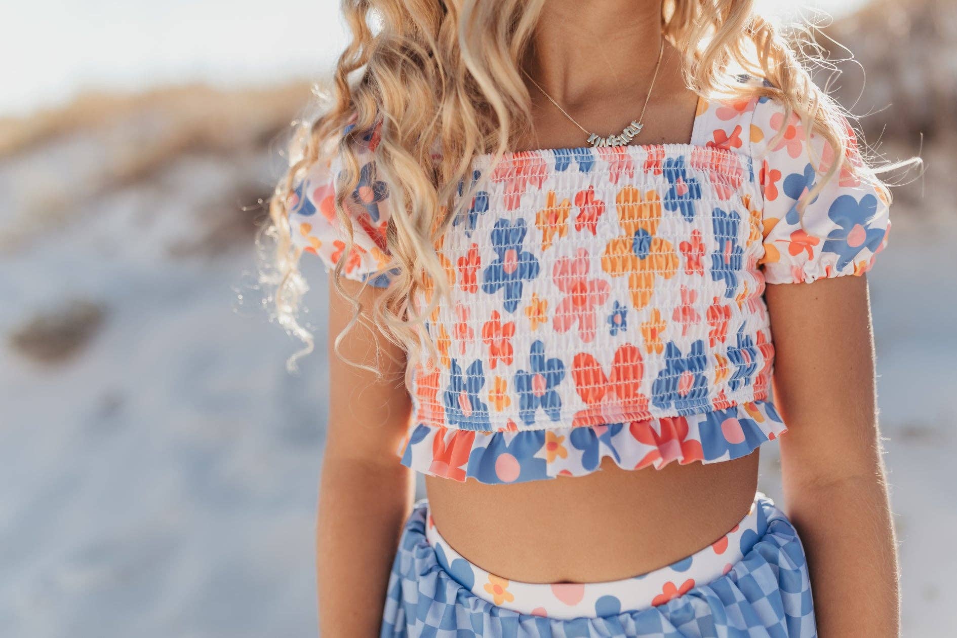 Girls Retro Checkered Flower Power 2 Piece Skirted Swimsuit