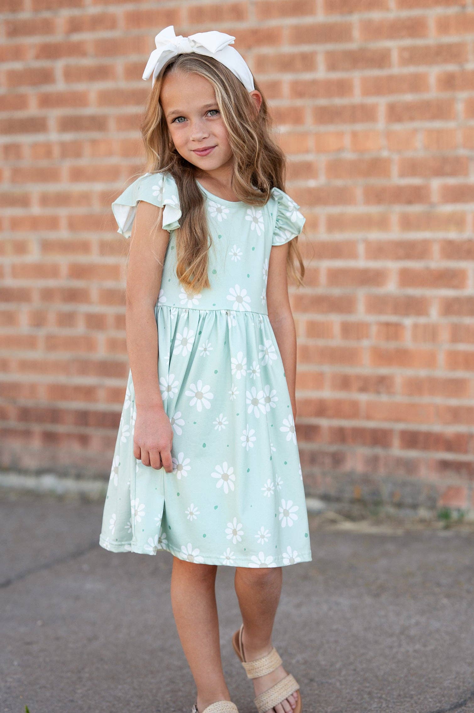 Girls Claire Sage Daisy Spring Easter Flutter Sleeve Dress