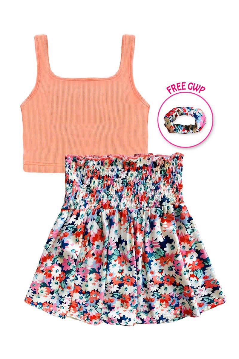 GKSS-3046B-UMI11 Girl's 2 pc Skirt Set w/ Scrunchie: Light Coral / 12/14(L)