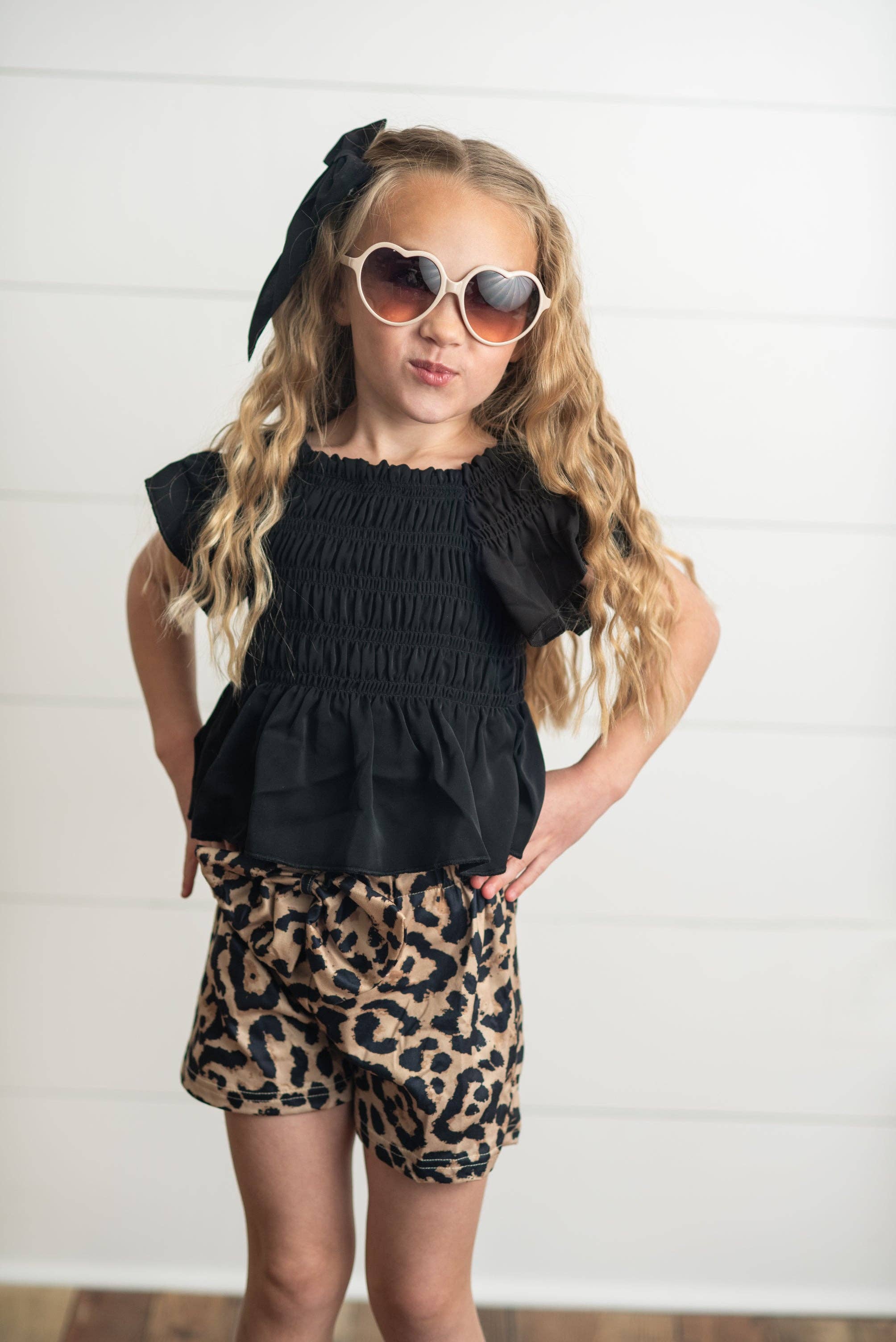 Adorable Sweetness Girls Black Shirred Top & Leopard Print Bow Spring Short Set
