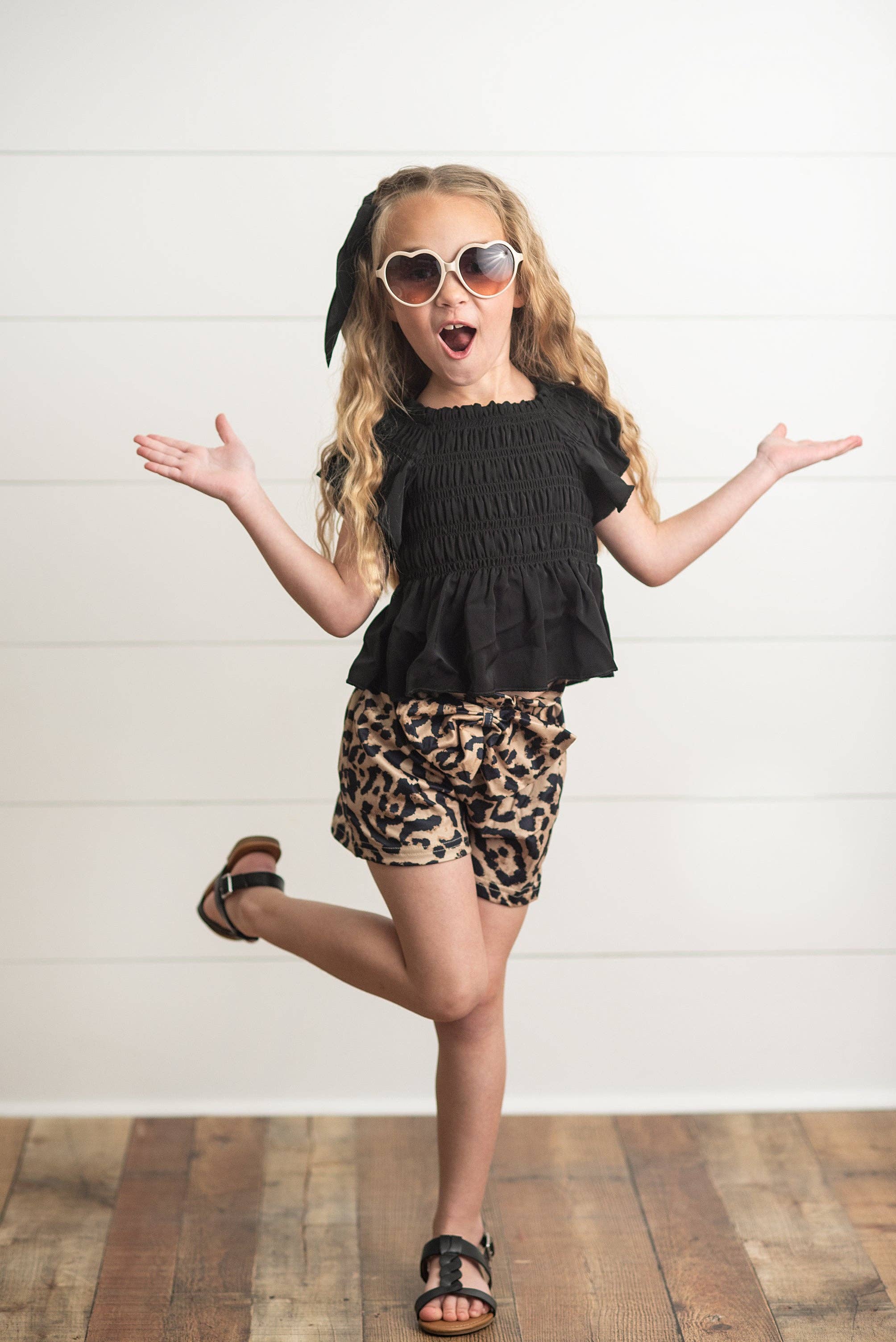 Adorable Sweetness Girls Black Shirred Top & Leopard Print Bow Spring Short Set