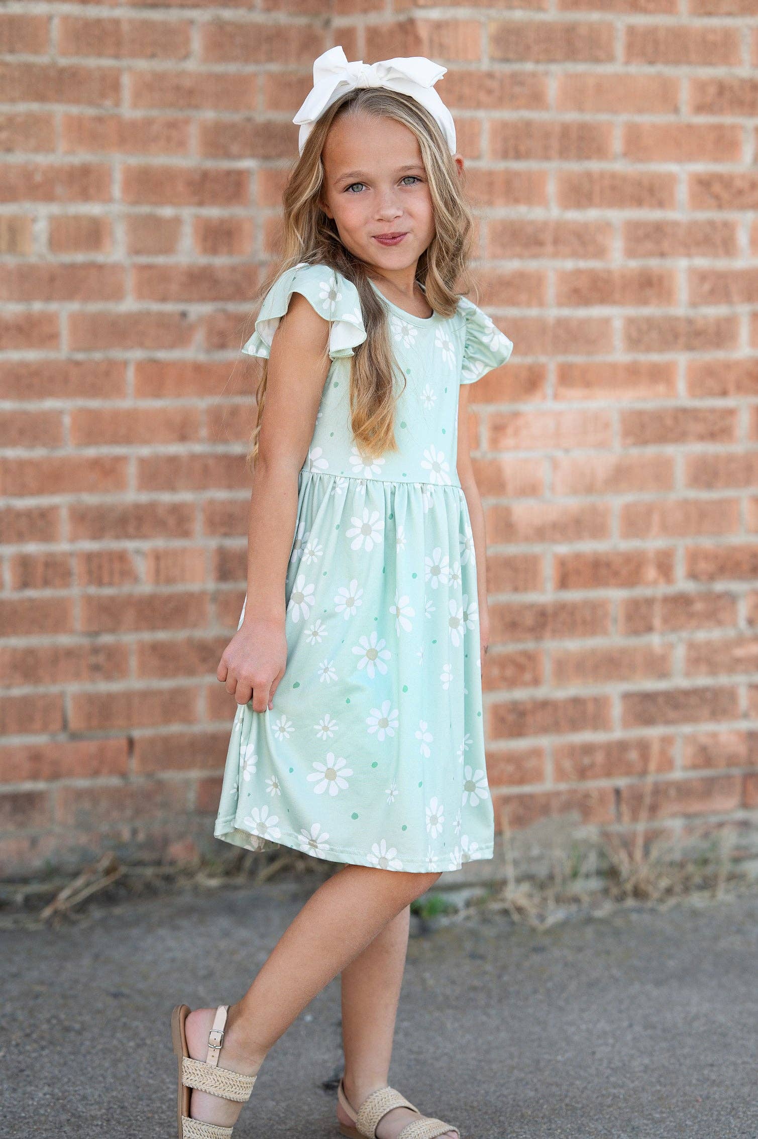 Girls Claire Sage Daisy Spring Easter Flutter Sleeve Dress