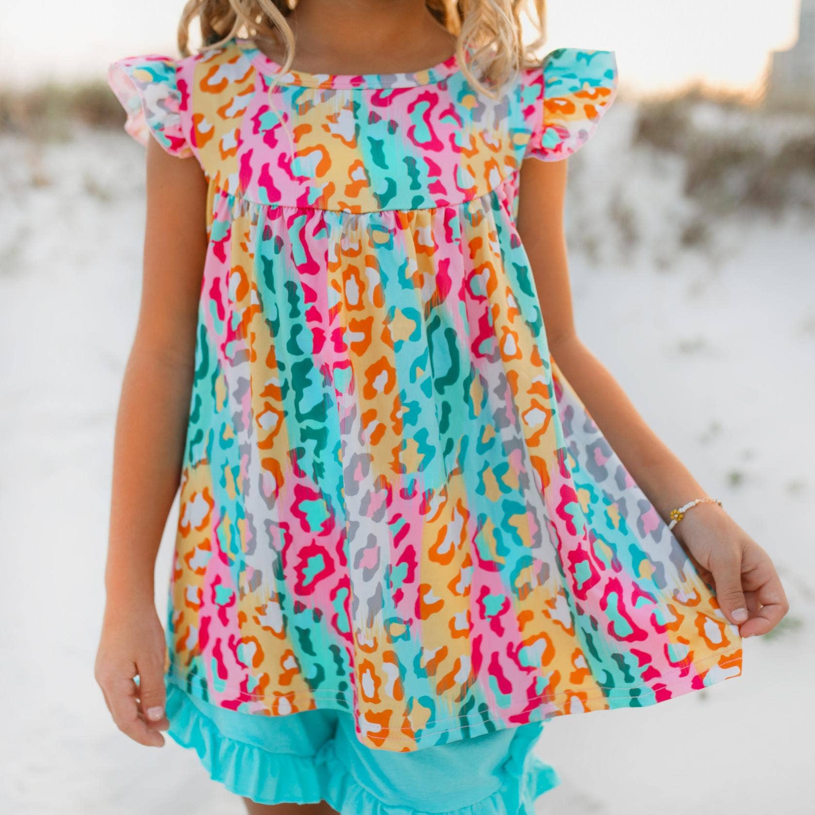Kids Bright Rainbow Leopard Ruffle Spring Summer Short Set