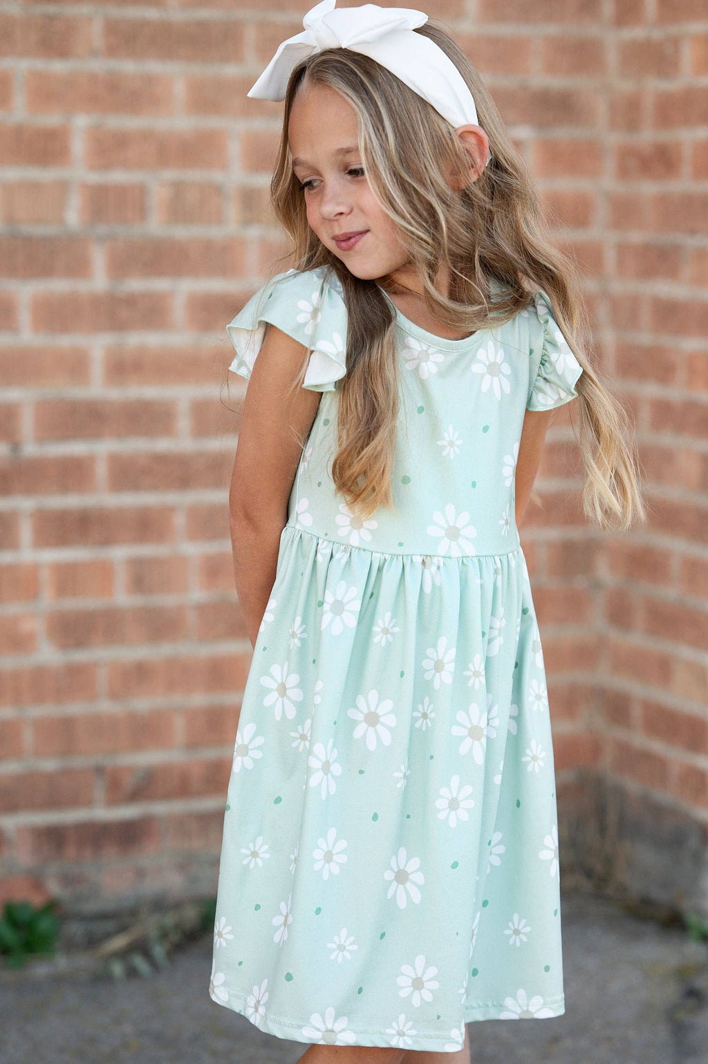 Adorable Sweetness Girls Claire Sage Daisy Spring Summer Flutter Sleeve Dress