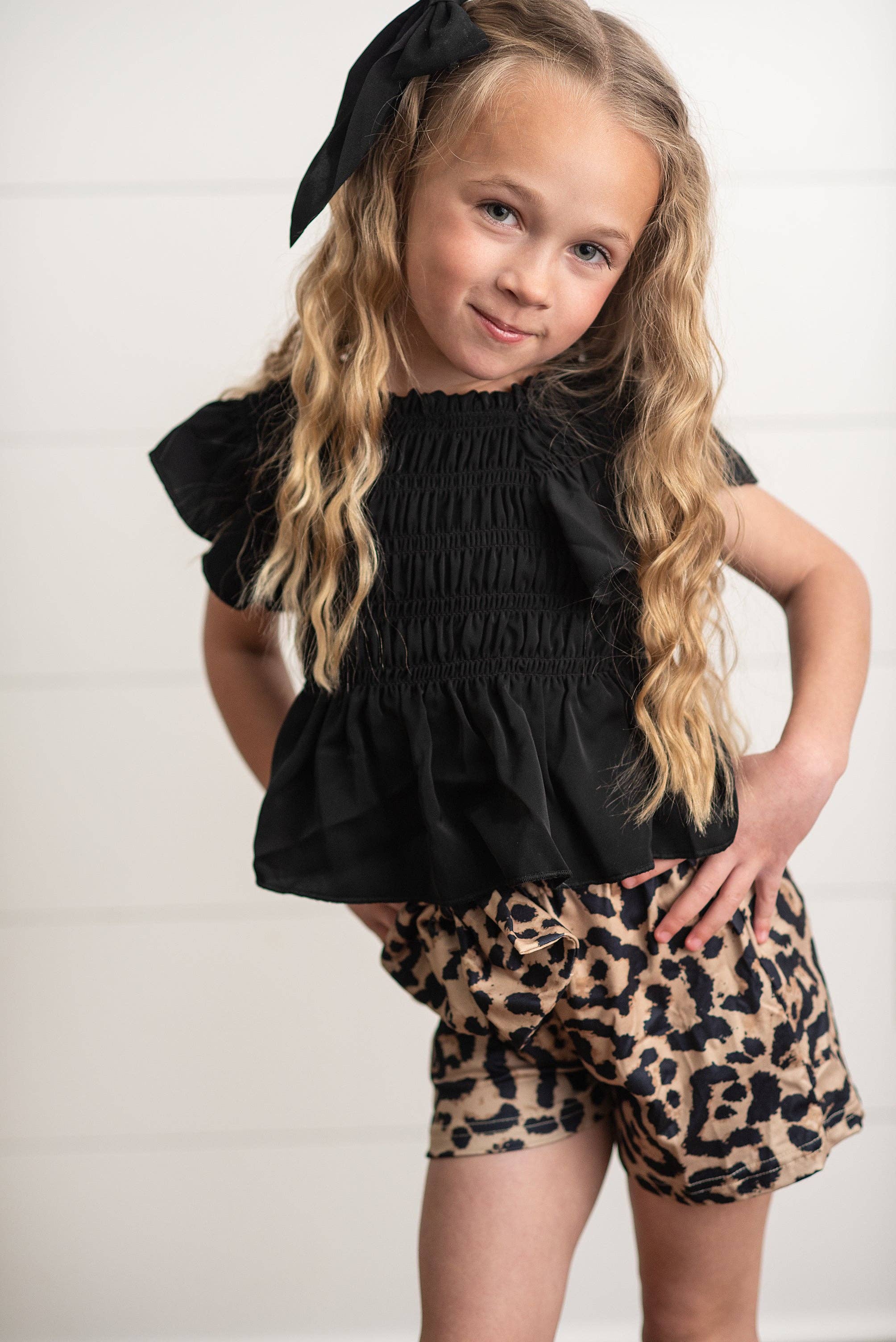 Adorable Sweetness Girls Black Shirred Top & Leopard Print Bow Spring Short Set