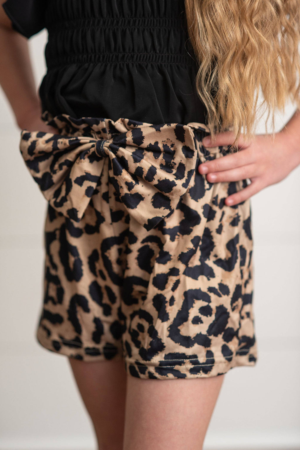 Adorable Sweetness Girls Black Shirred Top & Leopard Print Bow Spring Short Set