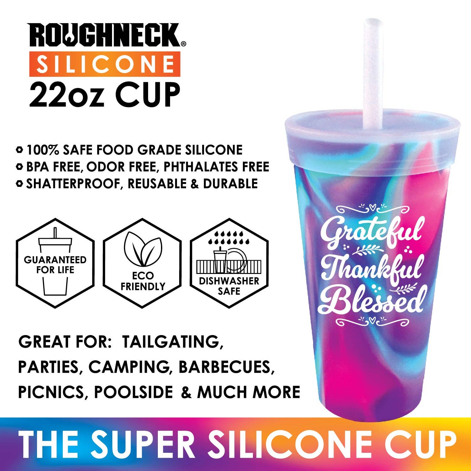 Roughneck Silicone 22oz Cup with Lid & Straw - 6/Display