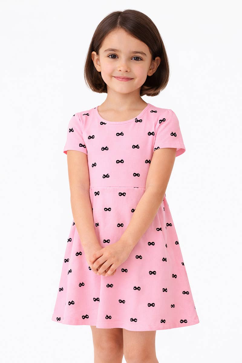 GKD-D25-3641A  Girl's Skater S/S Dress w /Bow Print: Light Pink / 4
