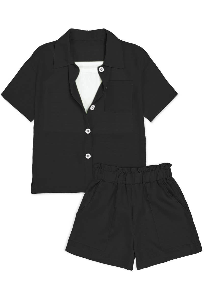 Girl's 3 pc Short Set w/ Flower Buttons