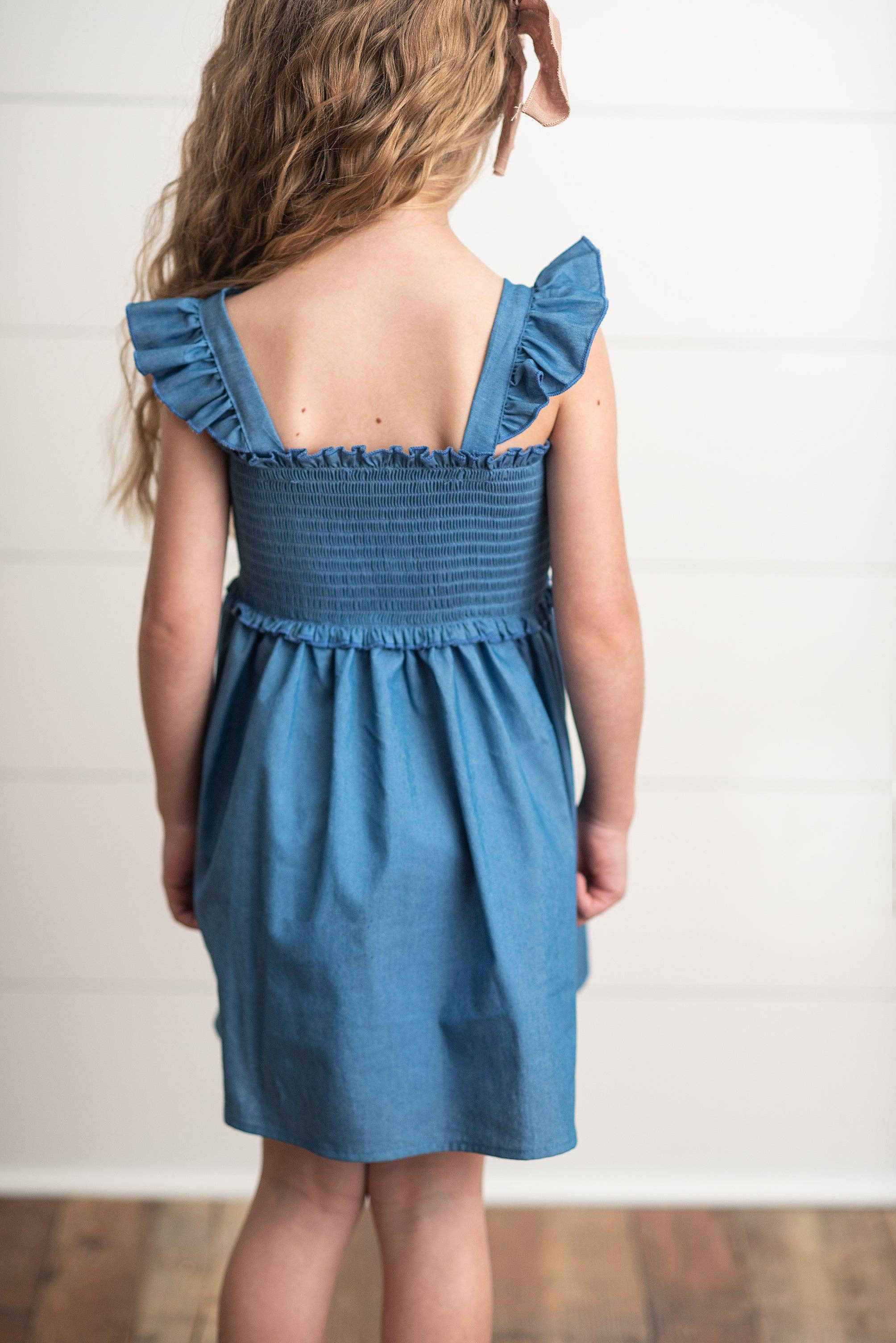 Girls Blue Shirred Ruffle Spring Summer Easter Dress