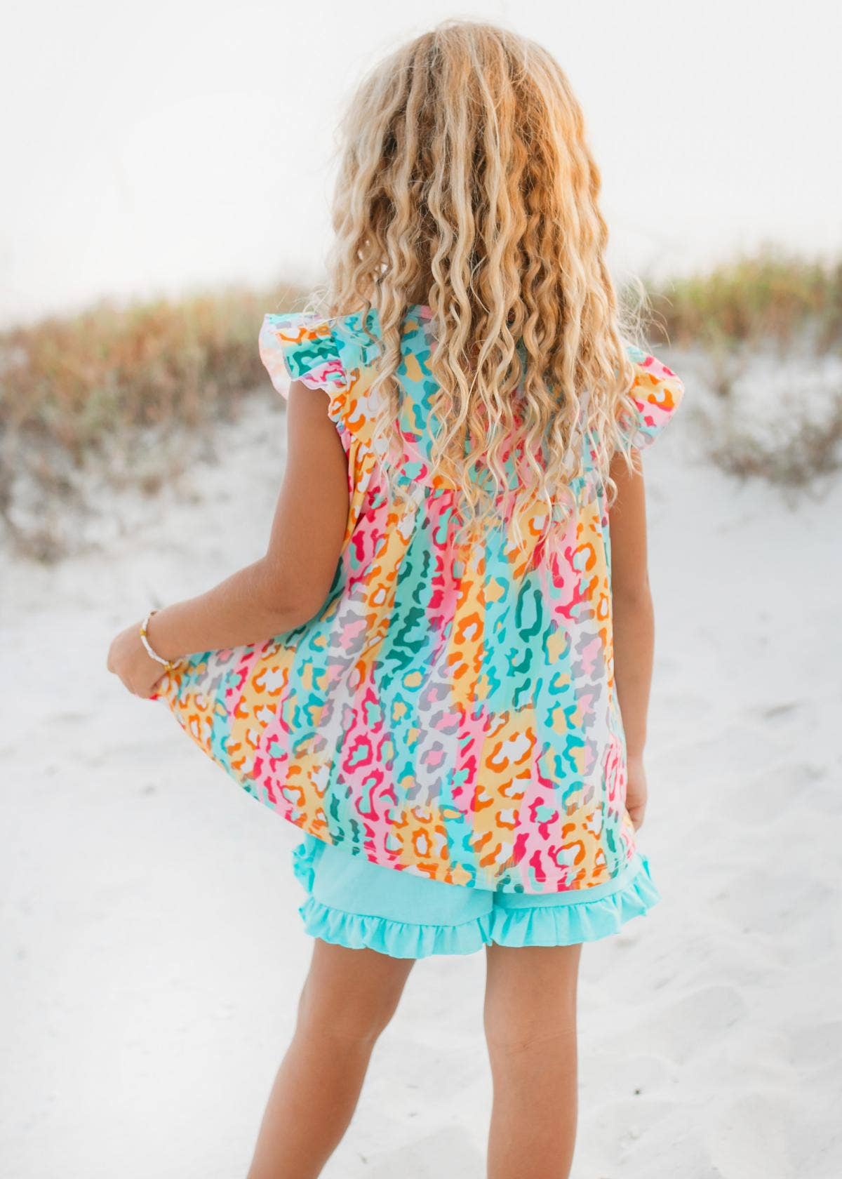 Kids Bright Rainbow Leopard Ruffle Spring Summer Short Set