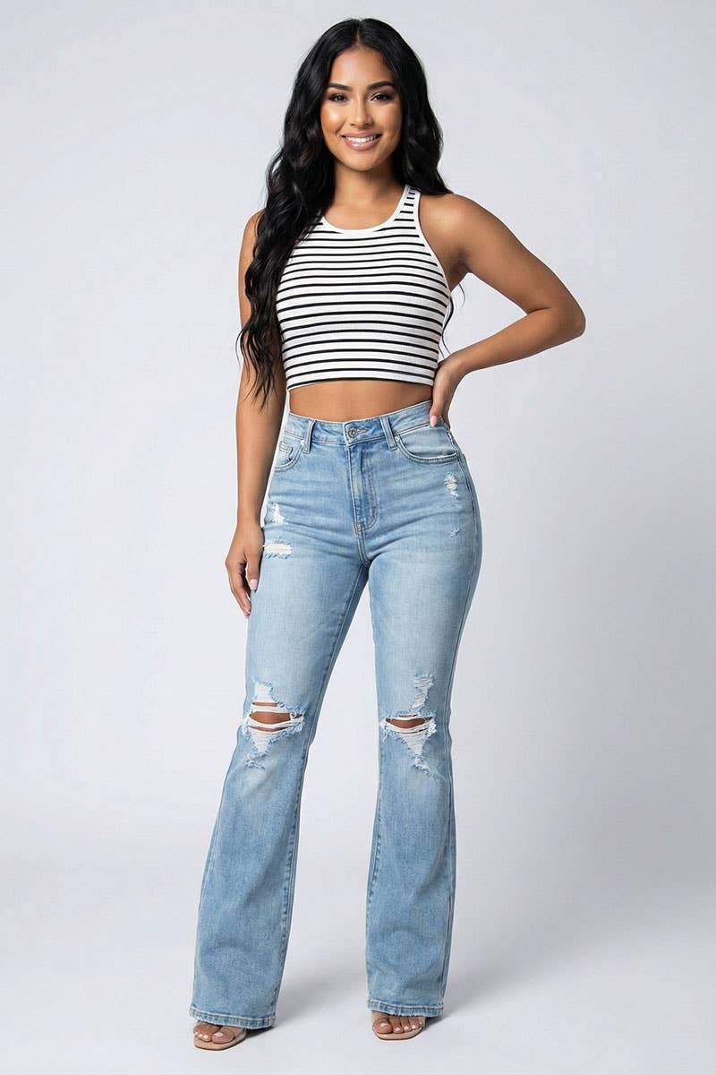 Ribbed Striped Racerback Crop Tank Top
