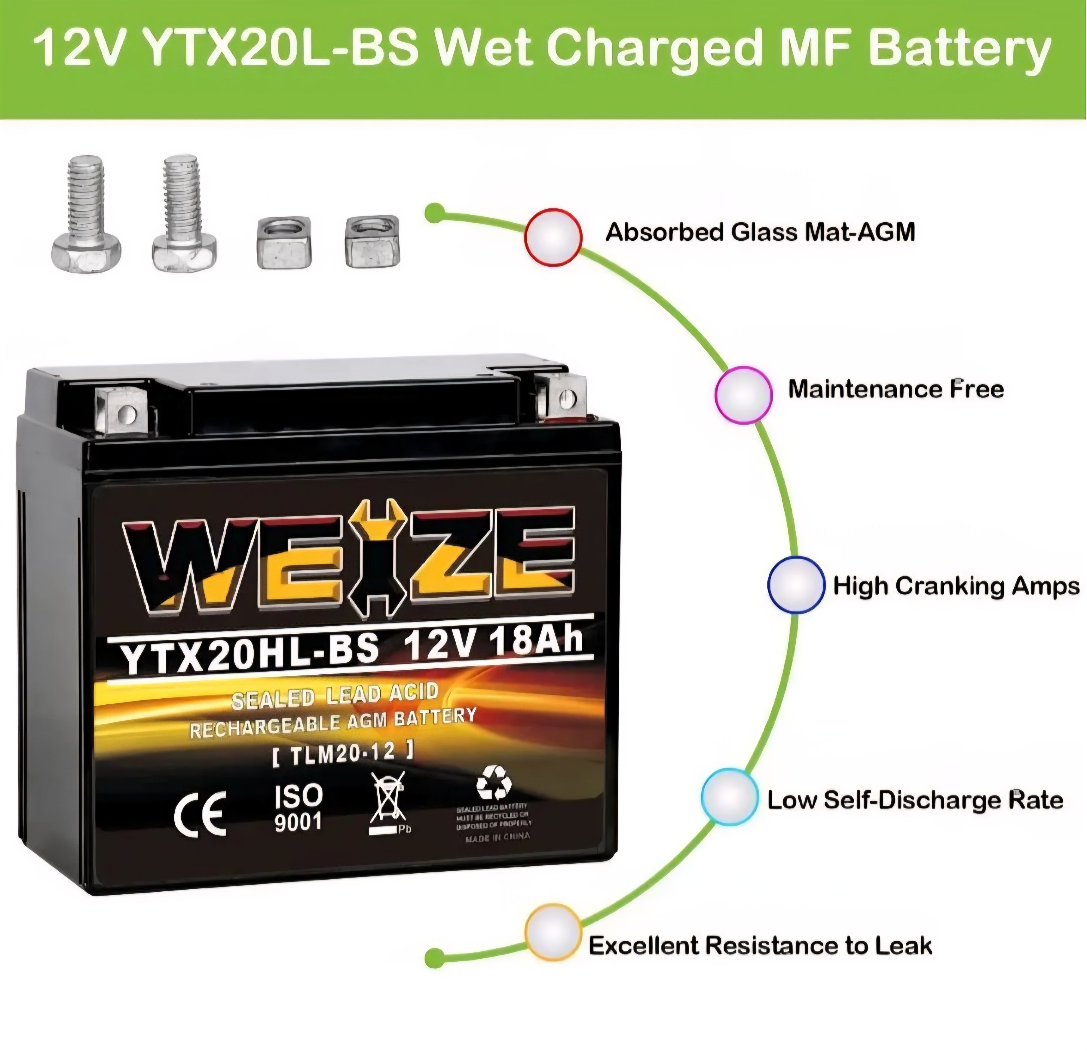WEIZE YTX20HL-BS 12V 18Ah